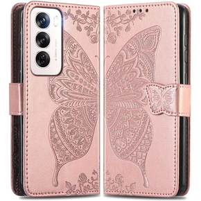 Etui z klapką do Oppo Reno 12, Butterfly, różowe rose gold