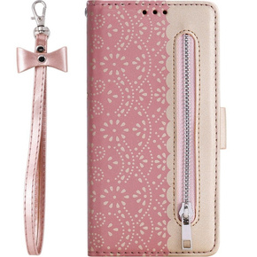Etui z klapką do Samsung Galaxy A14 4G/5G, Wallet Pocket, Zipper Lace, różowe
