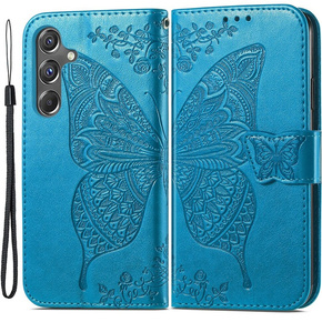 Etui z klapką do Samsung Galaxy A15, Butterfly , niebieskie+ szkło 9H