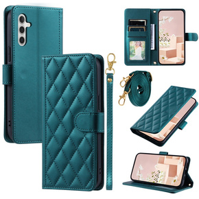 Etui z klapką do Samsung Galaxy S24 FE, Rhombus Crossbody Leather, ciemnozielone