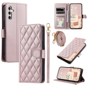 Etui z klapką do Samsung Galaxy S24 FE, Rhombus Crossbody Leather, różowe rose gold