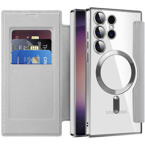 Etui z klapką do Samsung Galaxy S24 Ultra, RFID Wallet MagSafe z ochroną aparatu, srebrne