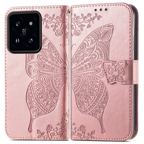 Etui z klapką do Xiaomi 14T Pro, Butterfly, różowe rose gold