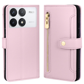 Etui z klapką do Xiaomi Poco F6 Pro, Wallet Zipper Pocket, różowe