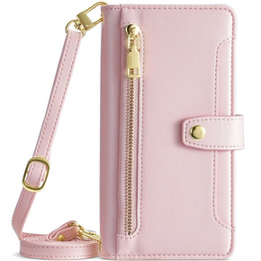 Etui z klapką do iPhone 14 Pro, Wallet Zipper Pocket, różowe