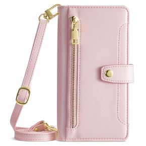 Etui z klapką do iPhone 15, Wallet Zipper Pocket, różowe