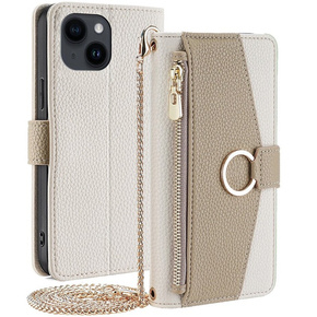 Etui z klapką do iPhone 15, Wallet Zipper Pocket, z lusterkiem, białe