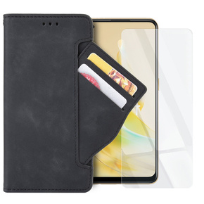 Zestaw Etui do Oppo Reno8 T, portfel z klapką Card Slot, Czarne + Szkło