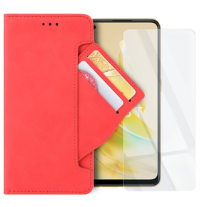 Zestaw  Etui do Oppo Reno8 T, portfel z klapką Card Slot, Czerwone + Szkło