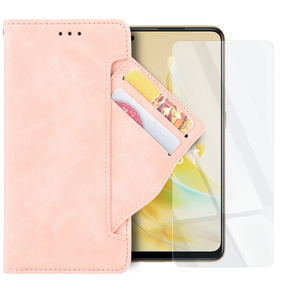 Zestaw Etui do Oppo Reno8 T, portfel z klapką Card Slot, Różowe + Szkło 