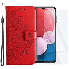 Zestaw Etui z klapką do Samsung Galaxy A13 4G, Mandala i kwiaty, Czerwone + szkło