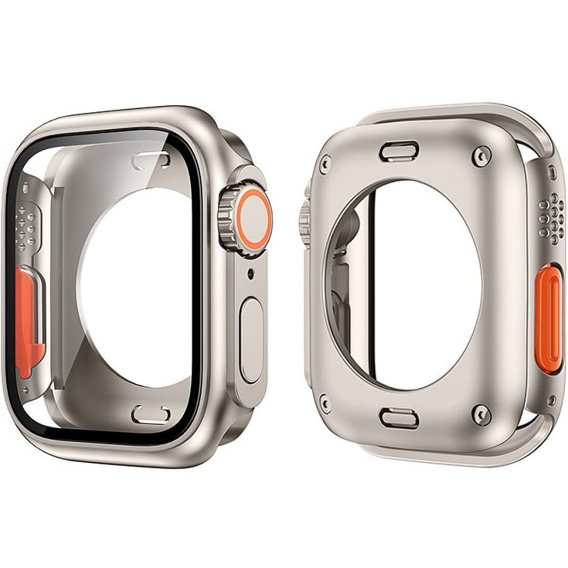 2w1 Pełne Etui + Szkło Hartowane do Apple Watch 7/8 45MM, Tytanowe/Pomarańczowe