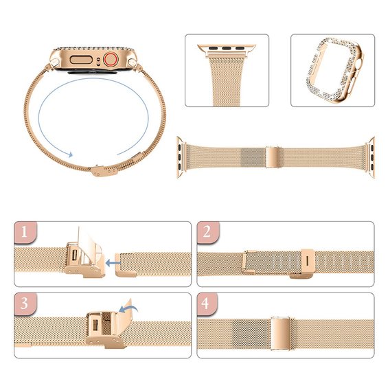 Bransoleta + Etui z Diamentami do Apple Watch 10 42mm, Rose Gold