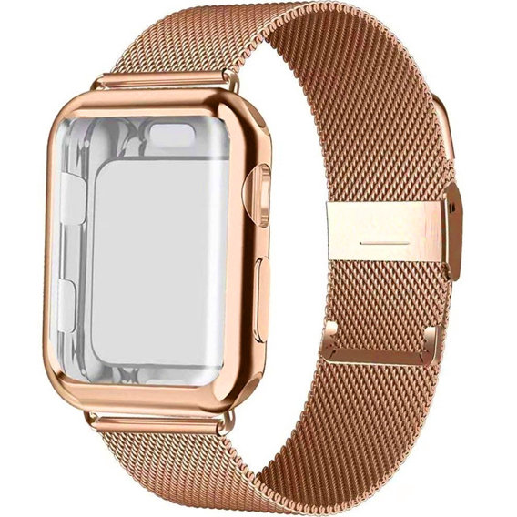 Bransoleta Milanese + Etui z osłoną na ekran do Apple Watch 1/2/3/4/5/6/SE 42/44MM, Różowe złoto