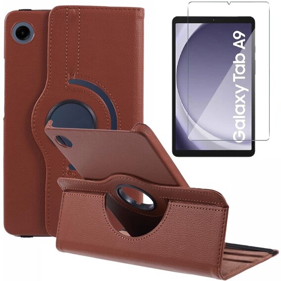 Etui + Szkło hartowane do Samsung Galaxy Tab A9, Obrotowe 360, brązowe