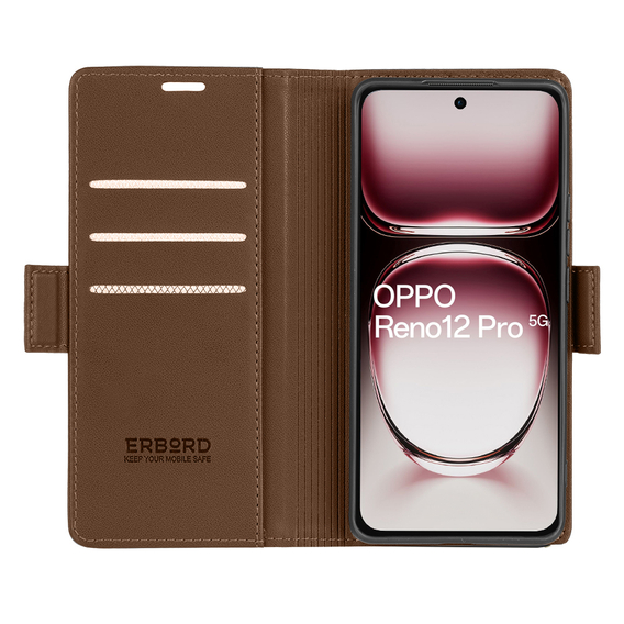 Etui do Oppo Reno 12 Pro, ERBORD Glossy Litchi, portfel z klapką, brązowe