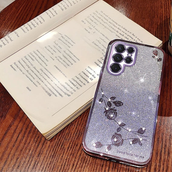 Etui do Samsung Galaxy S22 Ultra, Glitter Flower, fioletowe