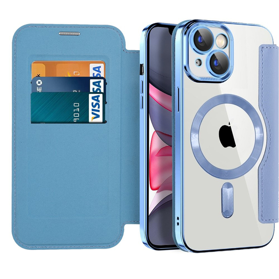 Etui do iPhone 15 Plus, FlipMag Secure portfel z klapką RFID, do MagSafe, niebieskie