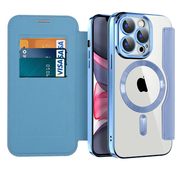 Etui do iPhone 15 Pro, FlipMag Secure portfel z klapką RFID, do MagSafe, niebieskie