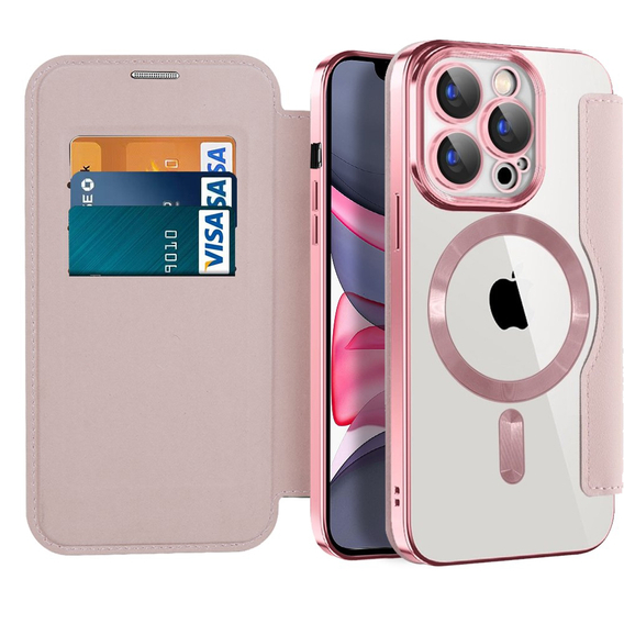 Etui do iPhone 15 Pro, FlipMag Secure portfel z klapką RFID, do MagSafe, różowe