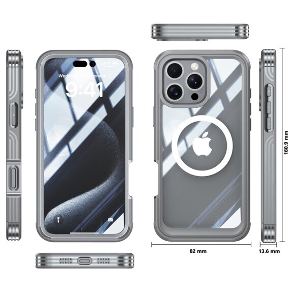 Etui do iPhone 16 Pro Max, Shockproof, z folią na ekran, do MagSafe, szare