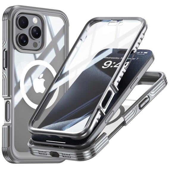 Etui do iPhone 16 Pro Max, Shockproof, z folią na ekran, do MagSafe, szare