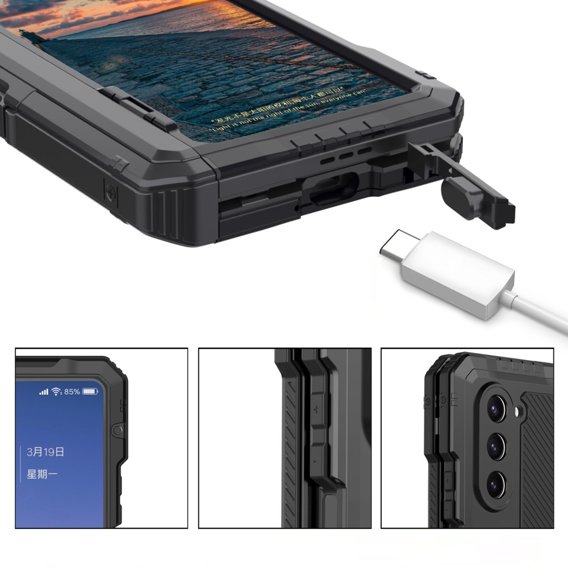 Etui pancerne do Samsung Galaxy Z Fold 5 5G, aluminiowe, z podstawką i miejscem na rysik, czarne
