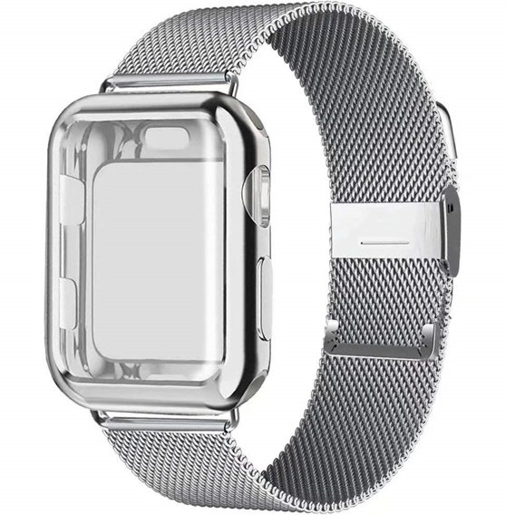 Etui z folią ochronną + Bransoleta Milanese do Apple Watch 1/2/3/4/5/6/SE (42/44MM), Silver