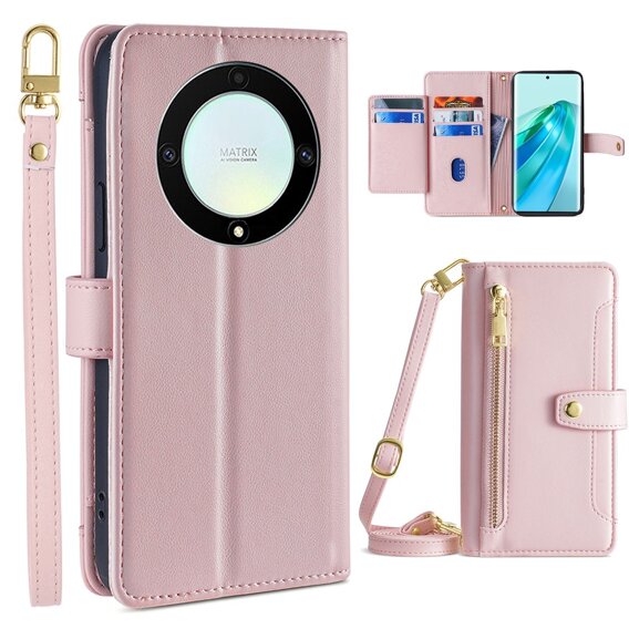 Etui z klapką do Honor Magic5 Lite, Wallet Zipper Pocket, różowe