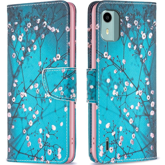 Etui z klapką do Nokia C12 4G, Wallet, Sakura, niebieskie