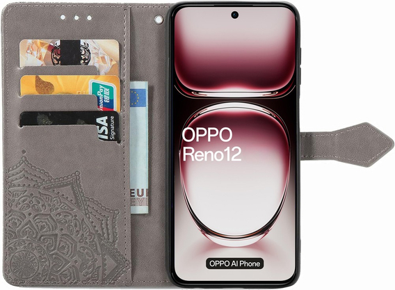 Etui z klapką do Oppo Reno 12, Mandala, szare