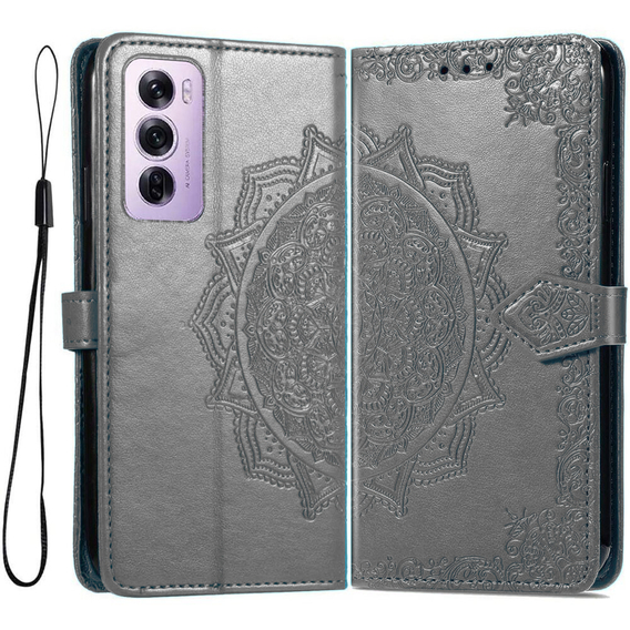 Etui z klapką do Oppo Reno 12, Mandala, szare