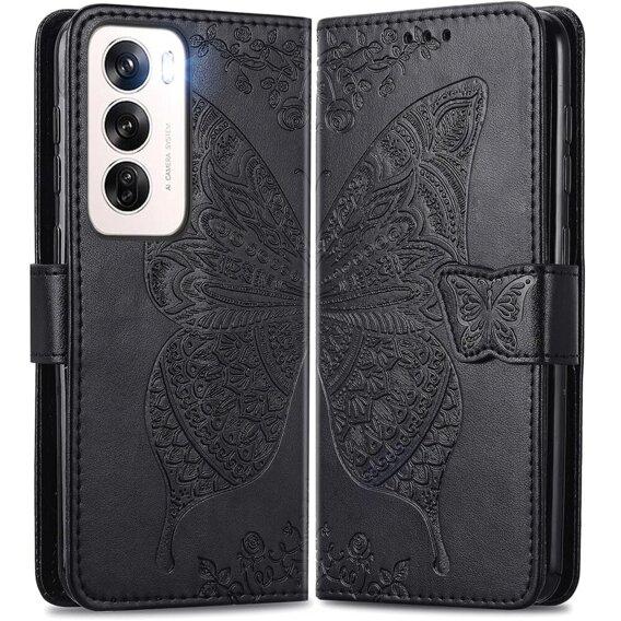 Etui z klapką do Oppo Reno 12 Pro, Butterfly, czarne