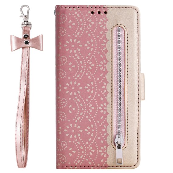 Etui z klapką do Samsung Galaxy A34 5G, Wallet Pocket, Zipper Lace, różowe