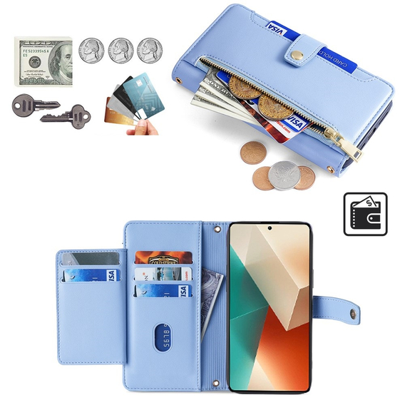 Etui z klapką do Xiaomi Redmi Note 13 5G, Wallet Zipper Pocket, niebieskie