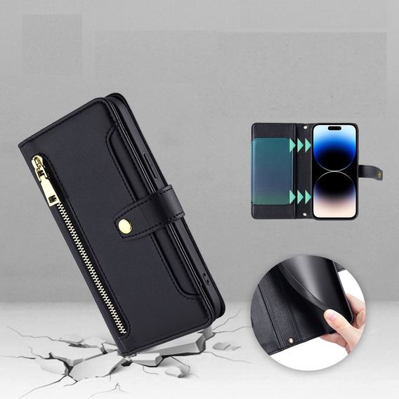 Etui z klapką do iPhone 14 Pro Max, Wallet Zipper Pocket, czarne