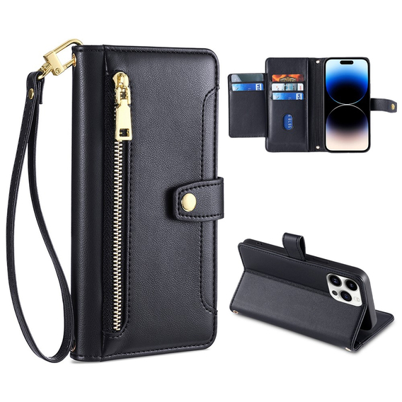 Etui z klapką do iPhone 14 Pro Max, Wallet Zipper Pocket, czarne