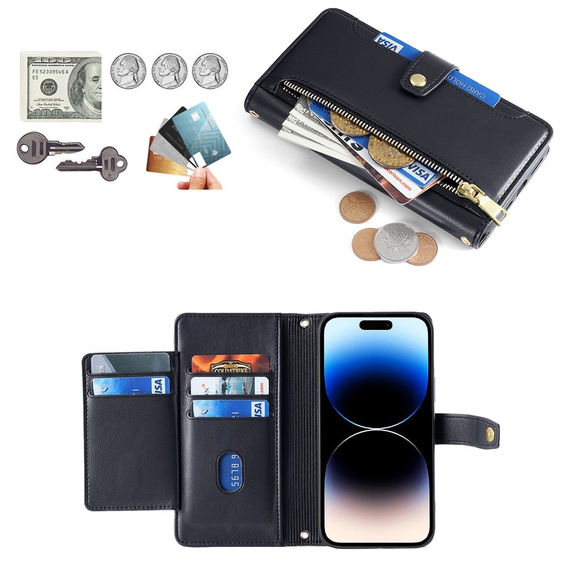 Etui z klapką do iPhone 14 Pro Max, Wallet Zipper Pocket, czarne