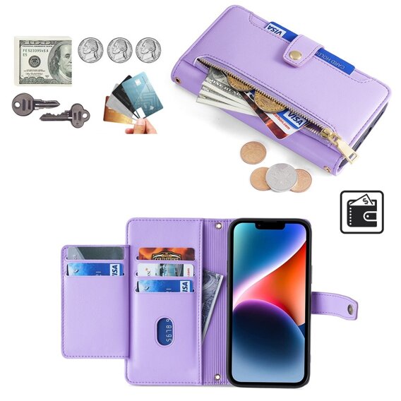 Etui z klapką do iPhone 14, Wallet Zipper Pocket, fioletowe