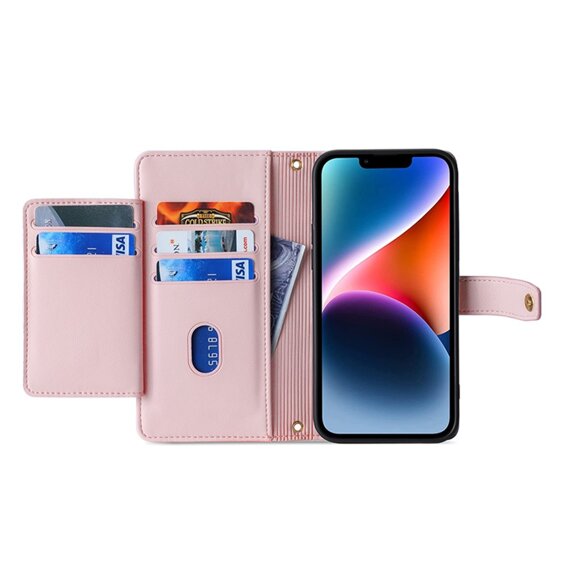 Etui z klapką do iPhone 14, Wallet Zipper Pocket, różowe