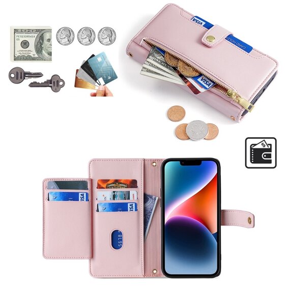 Etui z klapką do iPhone 14, Wallet Zipper Pocket, różowe