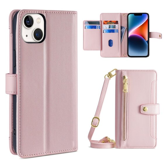 Etui z klapką do iPhone 14, Wallet Zipper Pocket, różowe