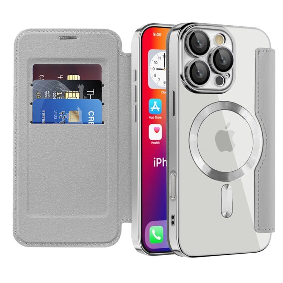 Etui z klapką do iPhone 16 Pro, RFID Wallet MagSafe z ochroną aparatu, srebrne