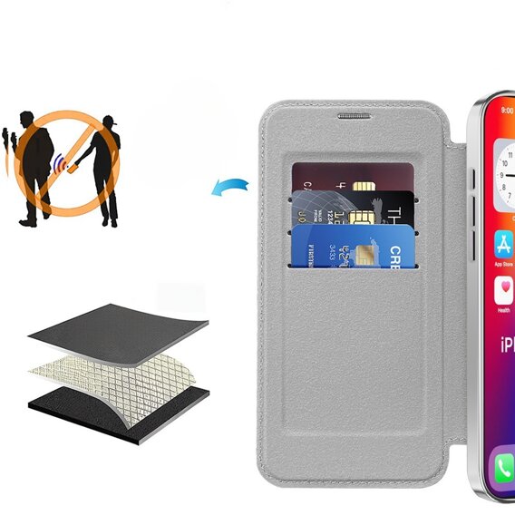 Etui z klapką do iPhone 16 Pro, RFID Wallet MagSafe z ochroną aparatu, srebrne