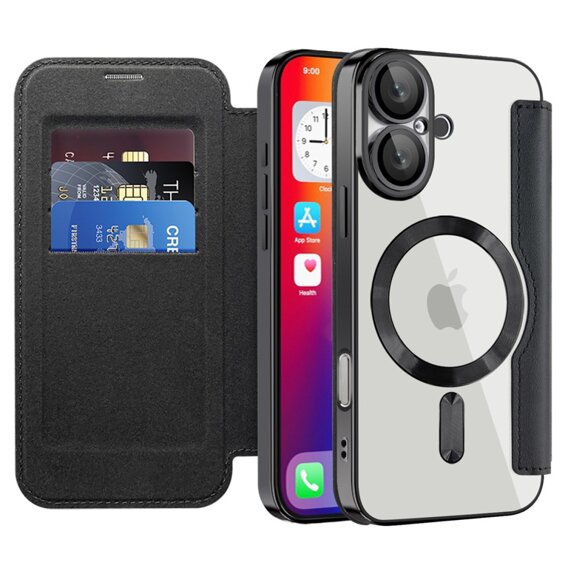 Etui z klapką do iPhone 16, RFID Wallet MagSafe z ochroną aparatu, czarne