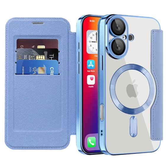 Etui z klapką do iPhone 16, RFID Wallet MagSafe z ochroną aparatu, niebieskie