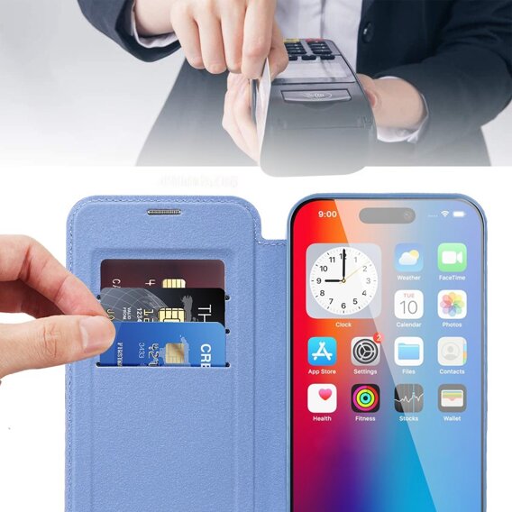 Etui z klapką do iPhone 16, RFID Wallet MagSafe z ochroną aparatu, niebieskie