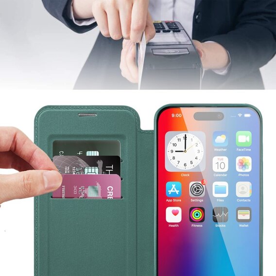 Etui z klapką do iPhone 16, RFID Wallet MagSafe z ochroną aparatu, zielone