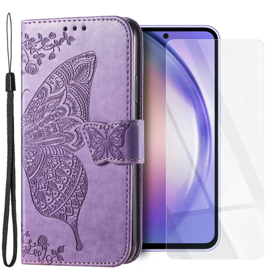 Zestaw Etui do Samsung Galaxy A54 5G, z klapką portfel, Motyl, Fioletowe + szkło