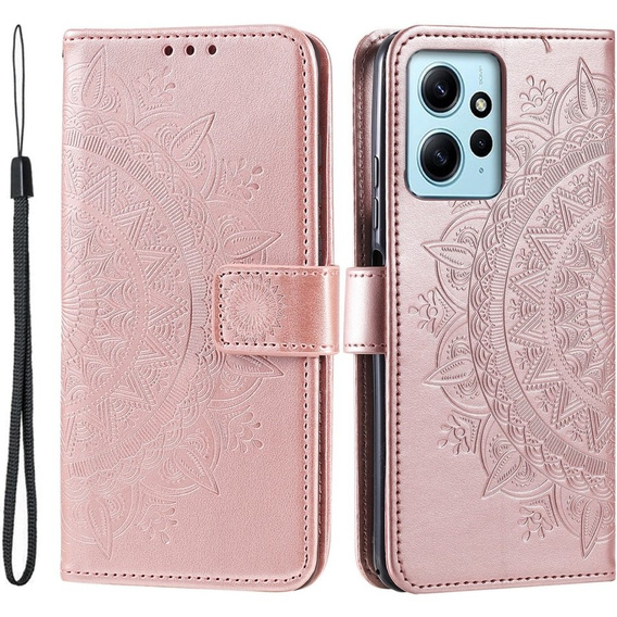 Zestaw Etui do Xiaomi Redmi Note 12 4G, portfel z klapką, Mandala, Różowe rose gold + szkło
